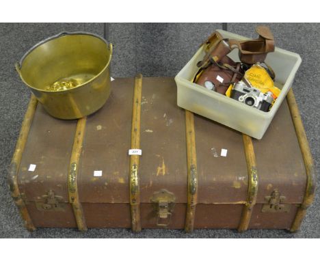 A mid 20th century travel trunk, wooden runners; a brass jam pan; cameras etc 