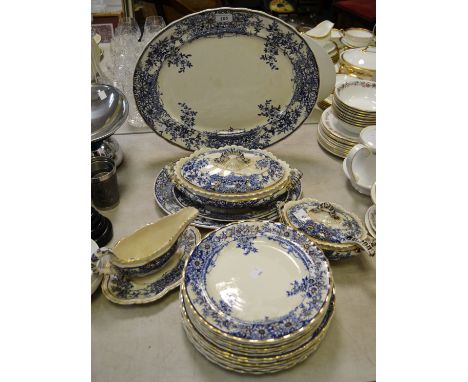 Blue and White Ceramics - a Victorian Staffordshire part dinner service comprising of a set of graduating meat plates, a ture