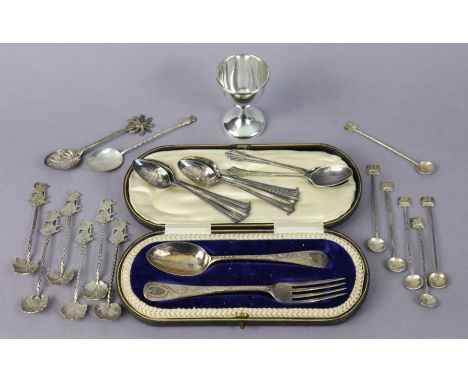 An Edwardian silver engraved christening spoon &amp; fork, Sheffield 1906, cased; six Albany pattern coffee spoons, Sheffield