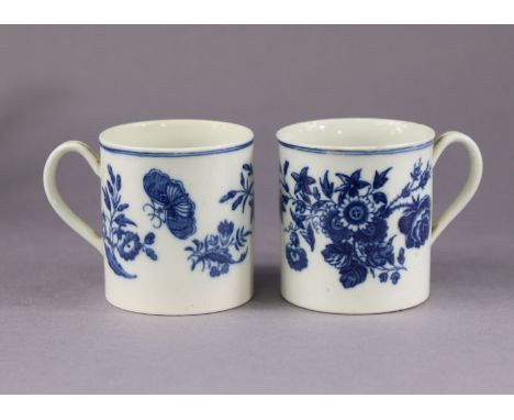 A pair of 18th century Caughley porcelain coffee cans, each with blue transfer printed “Three Flowers” pattern, 6cm high.
