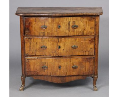 An 18th century Continental fruitwood serpentine front commode with line-inlaid decoration, fitted three drawers, on four sho