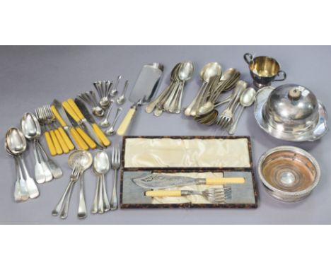 Various items of silver-plated ware including a muffin dish, wine coaster, crumb scoop, soup ladle, flatware &amp; cutlery, e