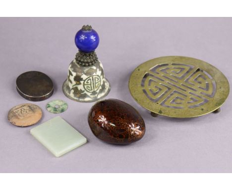 A Chinese champléve enamel small table bell decorated with boats &amp; shou symbols, 9cm high, two items of jade, a glazed po