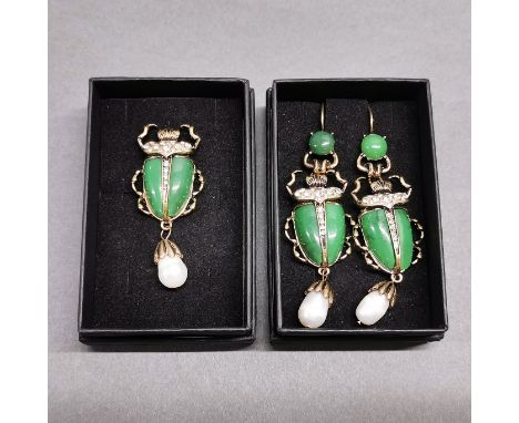 Alexander McQueen style costume jewellery earrings, and  and matching pin. In the form of green Egyptian scarab beetles and w