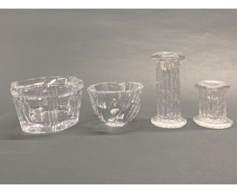Two pieces of signed cut crystal (one Orrefors) with a pair of crystal candlesticks, largest W. 15cm.