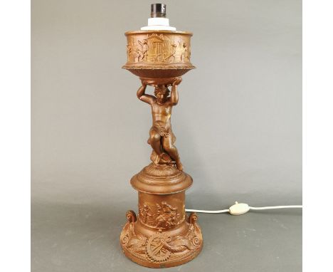A 19th century metal oil lamp base converted for use of a table lamp, H. 38cm.