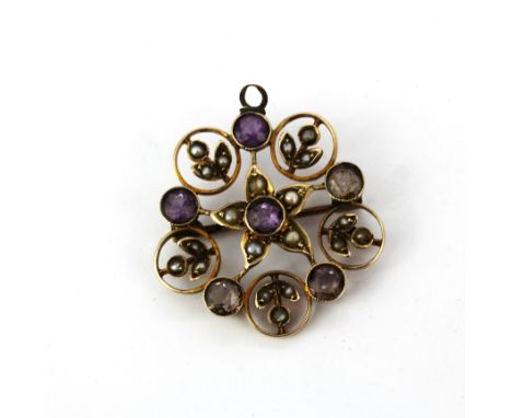 An antique 9ct yellow gold amethyst and seed pearl brooch/pendant, L. 2.5cm.