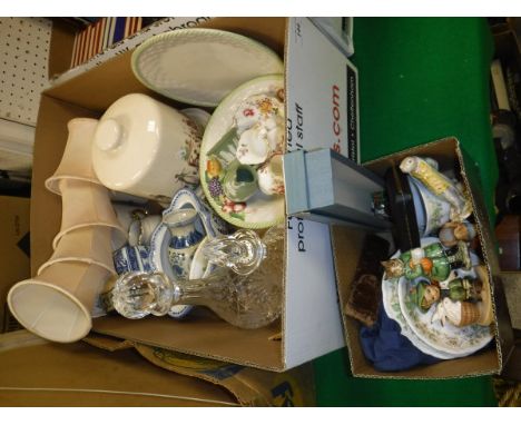 A box of sundry china and glass to include Jasper ware, various decanters, etc, together with two Goebel figures, a Beswick B