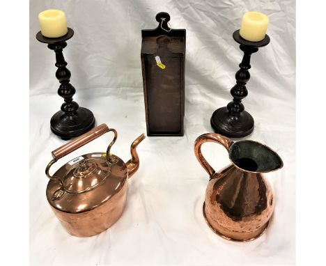 A 19th Century oak candle box, a pair of turned oak candle sticks, copper haystack measure, copper kettle and wrought iron tw