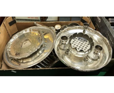 A box containing assorted plated wares to include candlestick, hot water jug, pistol grip knives, etc CONDITION REPORTS There
