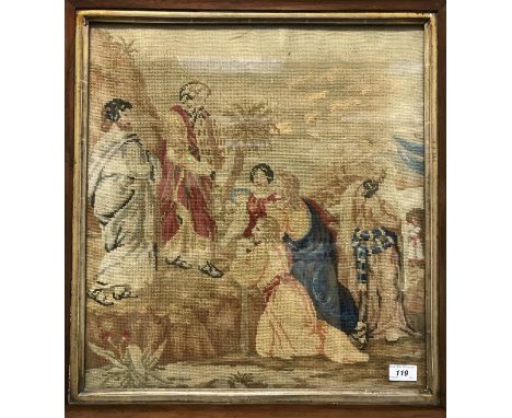 A 19th Century needlework tapestry panel depicting 'The Sermon on the Mount', within a rosewood veneered cushion frame