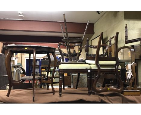 A Victorian mahogany gypsy type tripod table, together with four Victorian mahogany kidney-back dining chairs, an Edwardian m