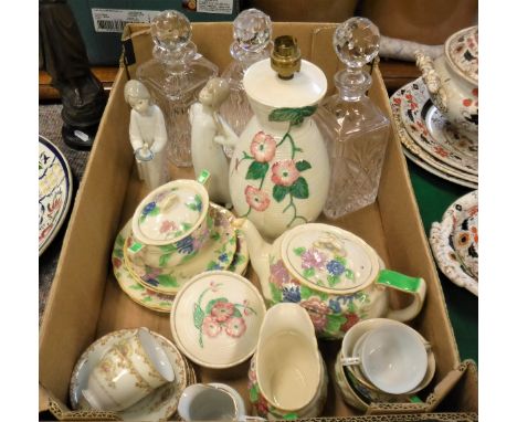 A Royal Doulton "Dunbar" duet tea service, a Japanese "Asahi" part tea set, three glass decanters and stoppers, Maling table 