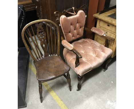 An Edwardian mahogany framed salon armchair, together with a Victorian wheel and stick back chair, mahogany oval drop-leaf di