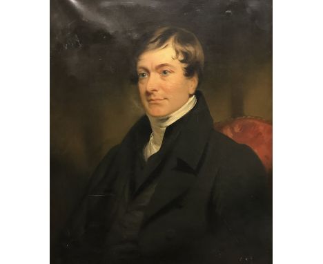 EARLY 19TH CENTURY ENGLISH SCHOOL IN THE MANNER OF SIR HENRY RAEBURN "Gentleman seated with white stock, black waistcoat and 