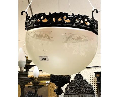 A circa 1900 etched glass and gilt brass framed ceiling lantern with floral decoration