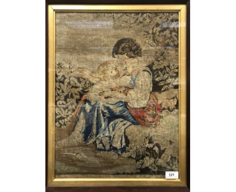 A 19th Century needlework tapestry panel depicting a mother and child in landscape and indistinctly inscribed to base "Alice 