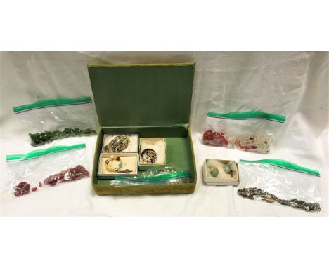 A box containing a velvet covered jewellery box containing assorted costume jewellery, together with a 9 carat gold set ring,