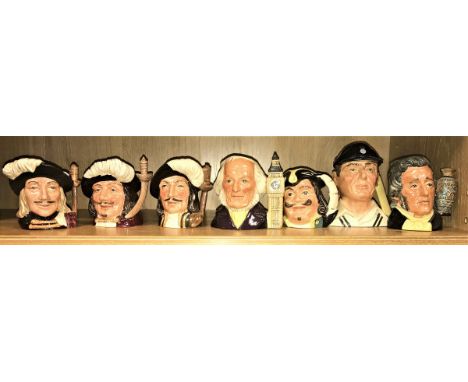 A collection of small Royal Doulton character jugs comprising "Athos" (D6452), "Porthos" (D6453) and "Aramis" (D6454), "Capt 