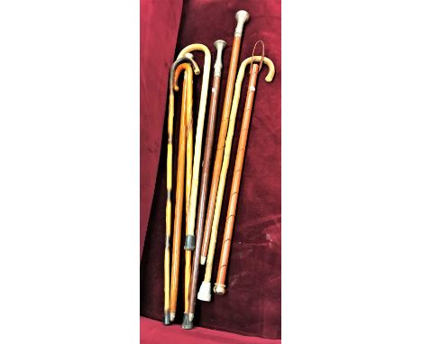 A collection of six various modern walking sticks/canes and a hanging cane with ten angle cut slits, together with a brass st