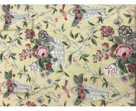 Two pairs of Colefax &amp; Fowler style yellow ground floral decorated linen interlined curtains with fixed triple pinch plea
