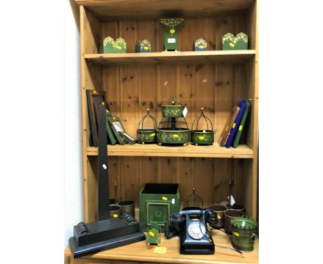 A collection of modern painted Toleware style items by Lady Daphne of London including bottle holders, trinket boxes, vases e
