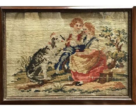 A Victorian needlework tapestry of a couple with large dog in a landscape, together with a Victorian needlework tapestry of a