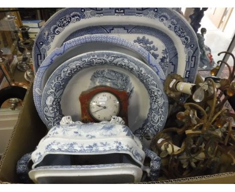 Two boxes of assorted decorative 19th Century and later china, to include "Willow" pattern serving plate, etc and a circa 190