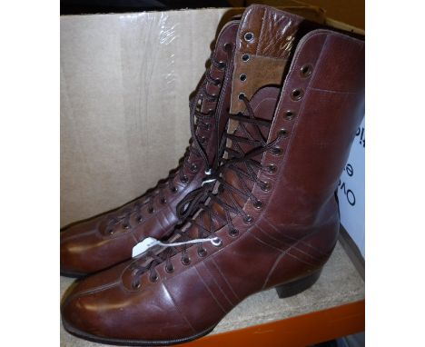 A pair of vintage brown leather ladies lace-up boots, stamped to the interior "Made in England by Manfield &amp; Sons Northam