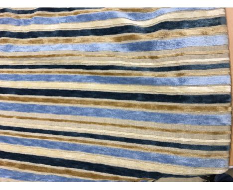 Two Colefax &amp; Fowler striped blue and gold chenille type curtains with interlining and fixed triple pinch pleat headings,