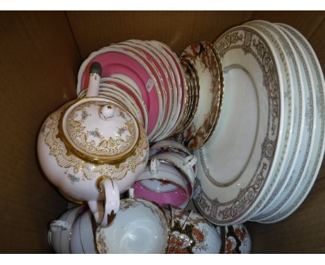 A box of china to include a Foley part tea service, Minton's "Grasmere" pattern dinner plates, etc