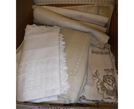 A box containing assorted vintage Irish and other table linen, together with a Marshall &amp; Snellgrove vintage box containi