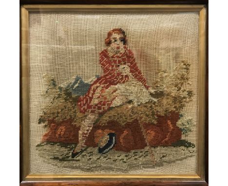 A 19th Century needlework tapestry panel depicting "A Scottish shepherd with his sheep, his tam'o shanter in the foreground" 