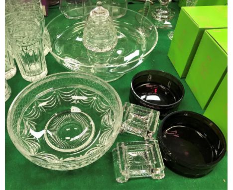 A collection of William Yeoward glassware including plain circular tazza, fruit bowl with star cut and swag decoration, a pai