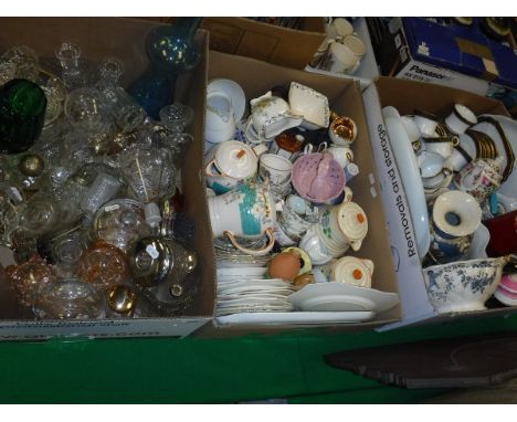 A box containing Royal Stafford part tea service, Jasper ware jug and trinket dish and a box containing various Toby jugs, et