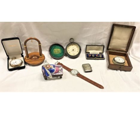 A box containing assorted sundry items to include a gold plated pocket watch, a Negretti &amp; Zambra "Damp Detector", a pair