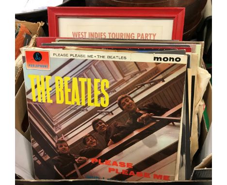 A box containing various LPs including The Beatles "With The Beatles", "Please Please Me" and "The White Album" (no cover), T