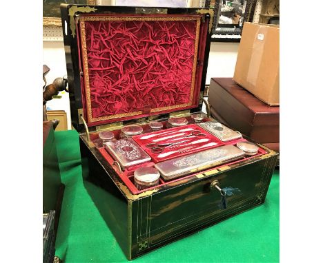 A Victorian coromandel and brass inlaid vanity case, opening to reveal a fitted interior, with Bramah lock CONDITION REPORTS 