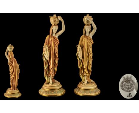 Royal Worcester - Superb Quality and Large Pair of Hand Painted Classical Female Water Carriers Figures Wearing Long Flowing 