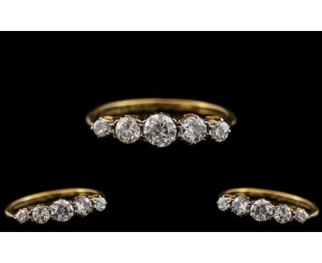 18ct Gold - Attractive 1920's 5 Stone Diamond Set Ring - In a Gallery Setting. The 5 Semi-Cut Cushion Cut Diamonds of Excelle