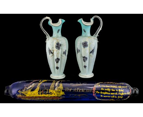 Pair of Victorian Decorated Blue Glass Jugs with Shaped Handles. 12 Inches High, with a Blue Glass Decorated Souvenir Rolling