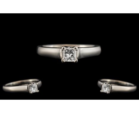 Platinum Superb and Contemporary Design Single Stone Diamond Set Ring with Full Hallmark 950 Platinum. The Princess Brilliant