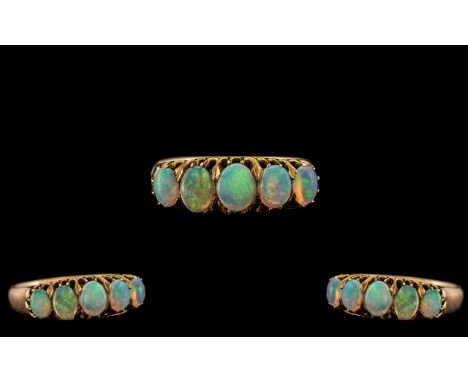 18ct Gold - Attractive 5 Stone Opal Set Ring. Marked 18ct to Interior of Shank, The 5 Oval Shaped of Excellent Colours, Galle