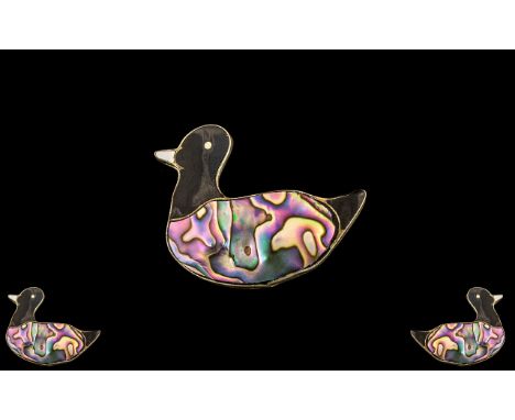 Mexico Silver Enamel and Mother-of-Pearl Brooch in the form of a buck; marked to back 'Alpaca Mexico'