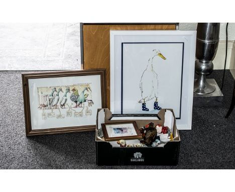 Duck Interest - Collection of Duck Ornaments &amp; Pictures, comprising 21" x 17" framed picture of a duck in Wellington boot