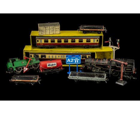 00 Gauge Interest, Small Collection to include: engine, Hornby tin plate carriages, rolling stock and accessories, mostly as 