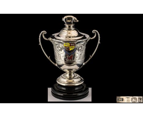 Royal Welsh - Impressive 1920's Agricultural Society Sterling Silver and Enamel Twin Handle Lidded Trophy Cup - For The Best 