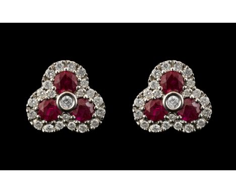 Ladies - Attractive Pair of 9ct White Gold Diamond and Ruby Set Earrings, In a Shamrock Design. Fully Hallmarked for 9.375. R