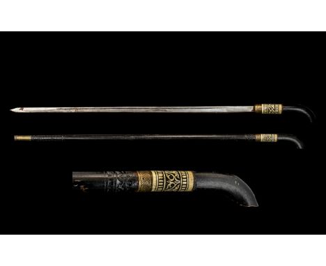 19th Century Indian Sword Stick with bone decoration to collar; 36 inches (90cms) long overall, blade 25 inches (62.5cms) lon