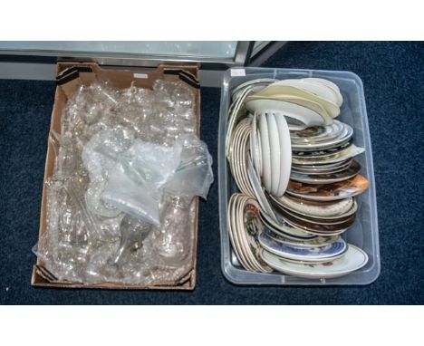 Large Collection of Glass &amp; China comprising a box of assorted glassware including vases, jugs, various size drinking gla